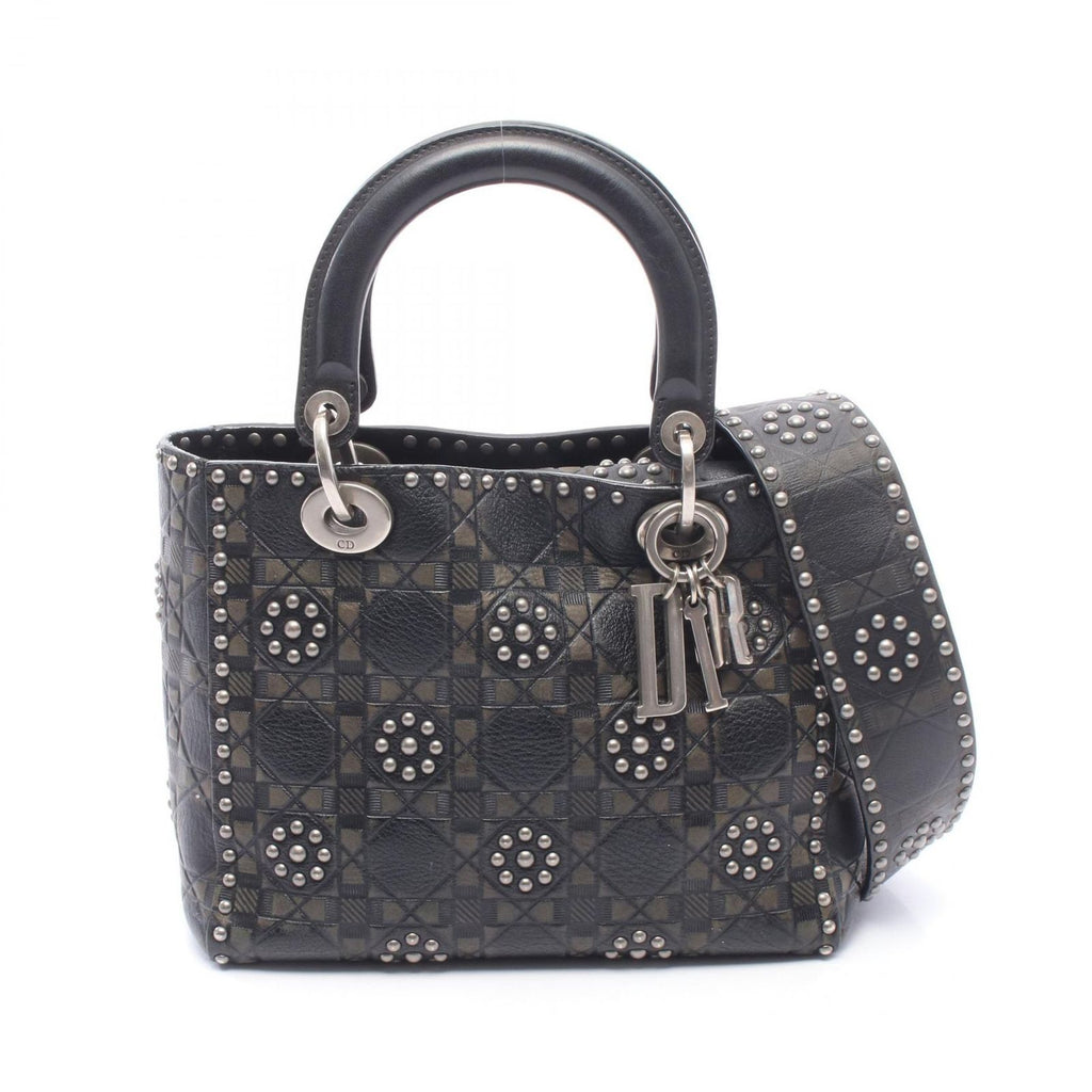 Dior Handbag Lady Dior 2-Way Black Khaki Leather Lady Dior Studs Tote