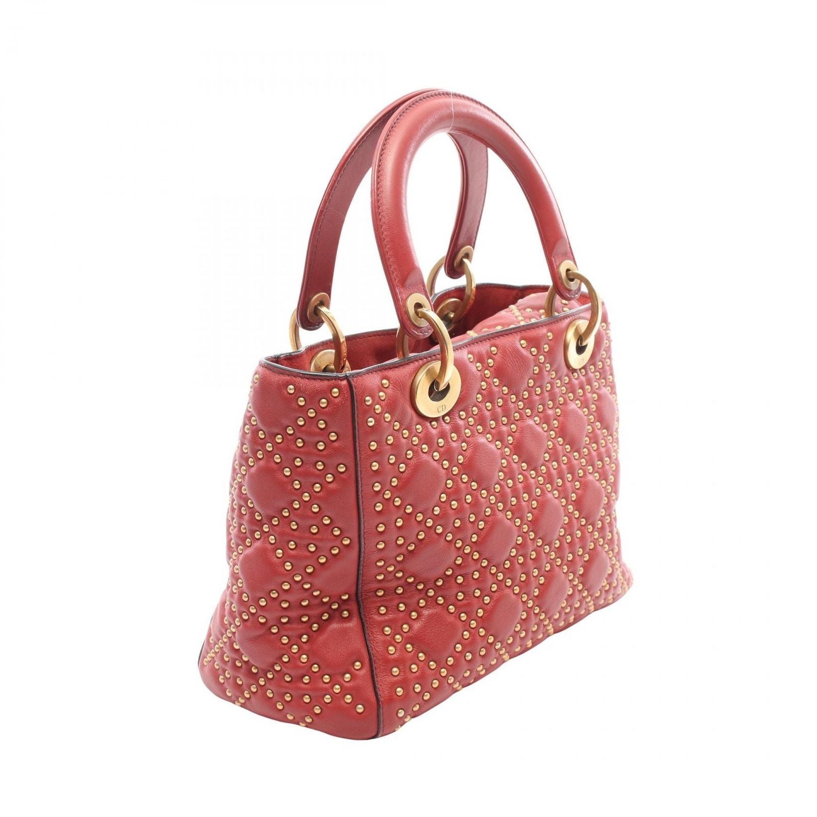 Dior Handbag Lady Dior 2-Way Red Leather Lady Dior Studs Tote — view 2