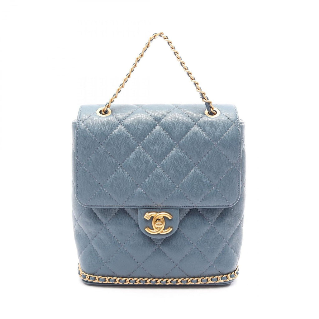 Chanel Backpack Quilted Camellia Chain Around Smoky Blue Caviar Leather