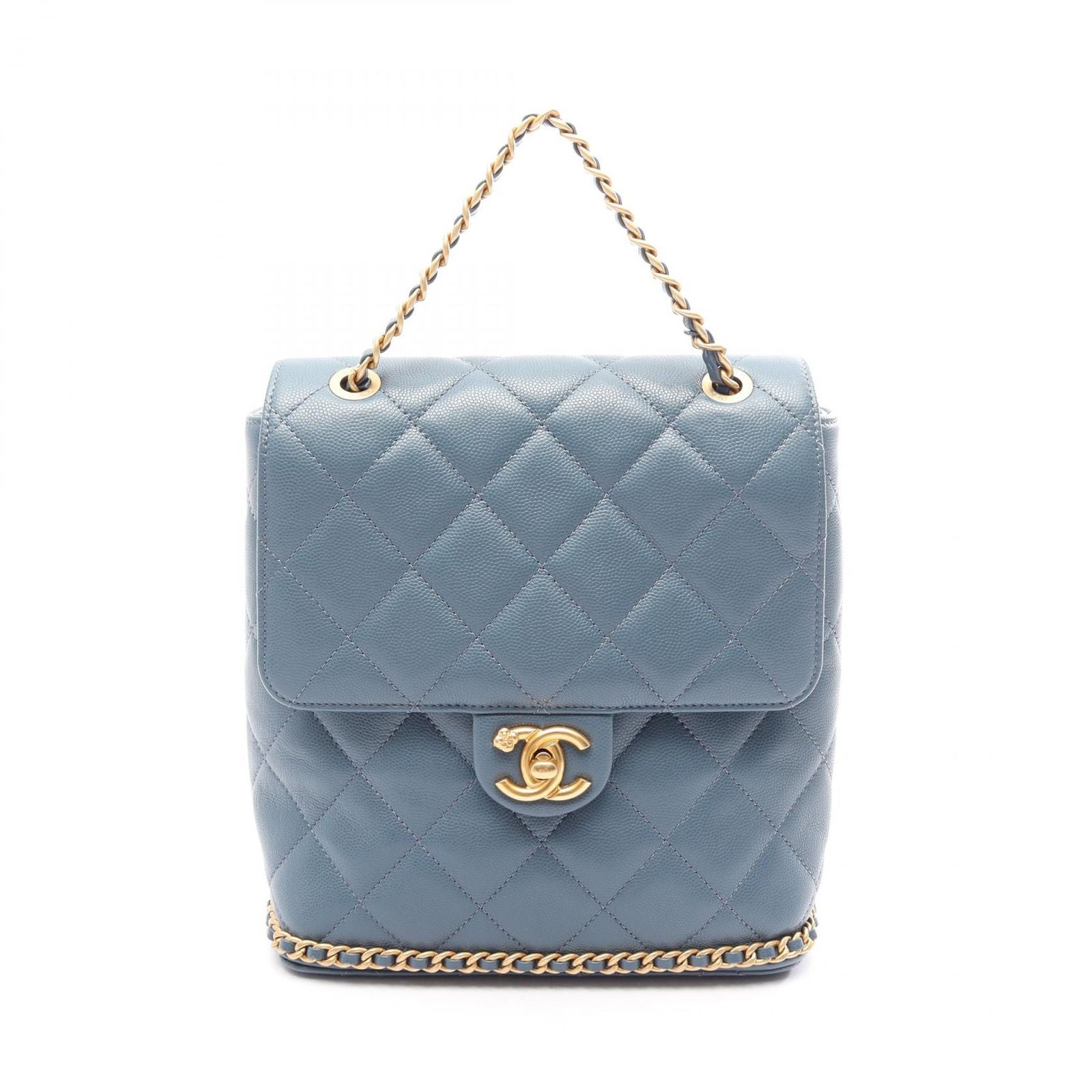 Chanel Backpack Quilted Camellia Chain Around Smoky Blue Caviar Leather