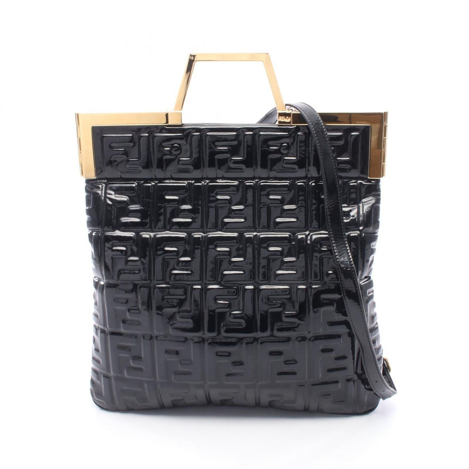 Fendi Tote FF Embossed 2-Way Black Patent Leather Handbag