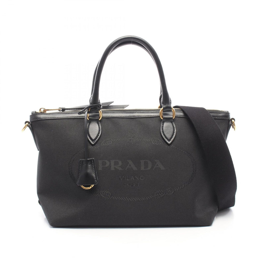 Prada Handbag Logo Jacquard 2-Way Black Canvas Leather