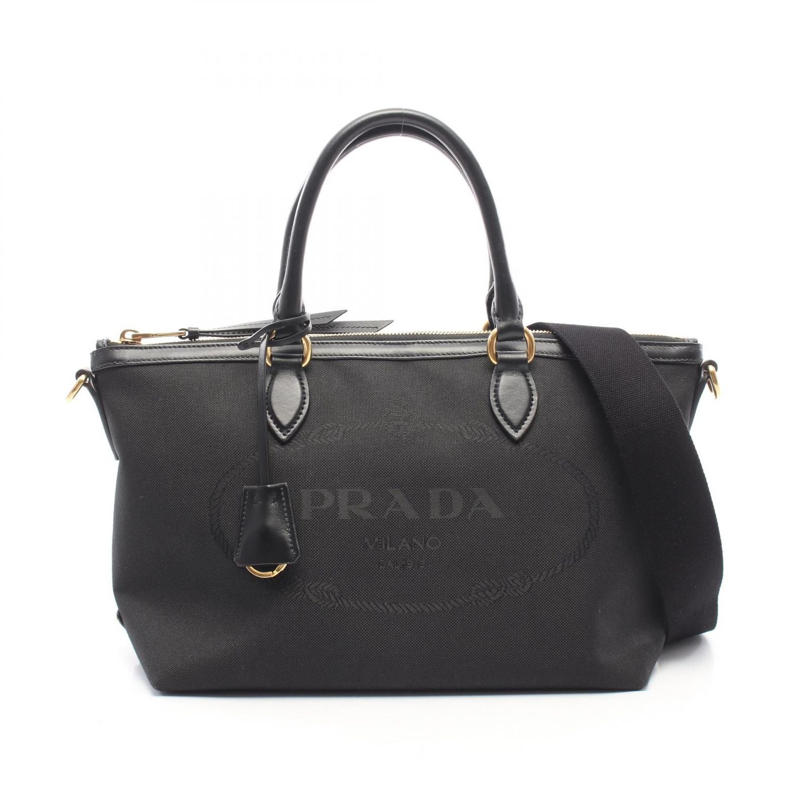 Prada Handbag Logo Jacquard 2-Way Black Canvas Leather