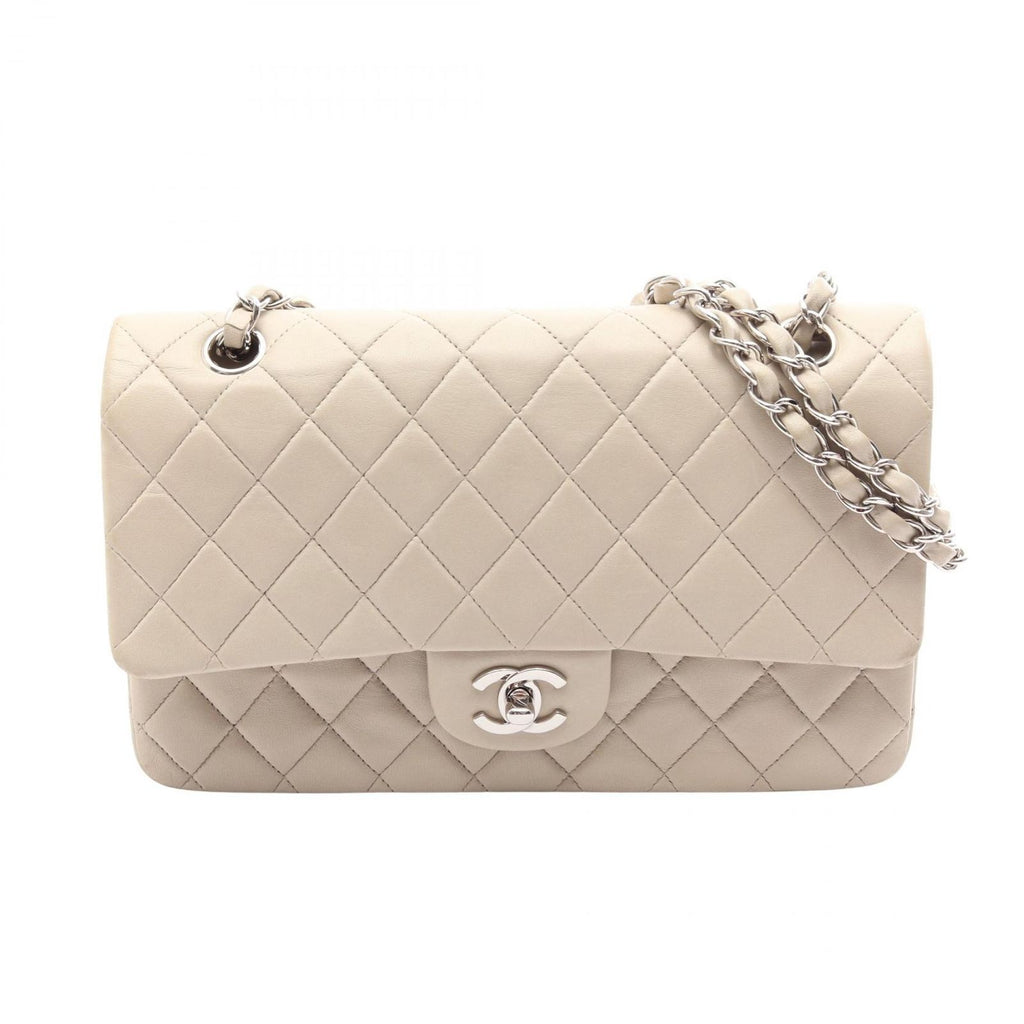 Chanel Shoulder Bag Quilted Double Flap Light Gray Lambskin Chain