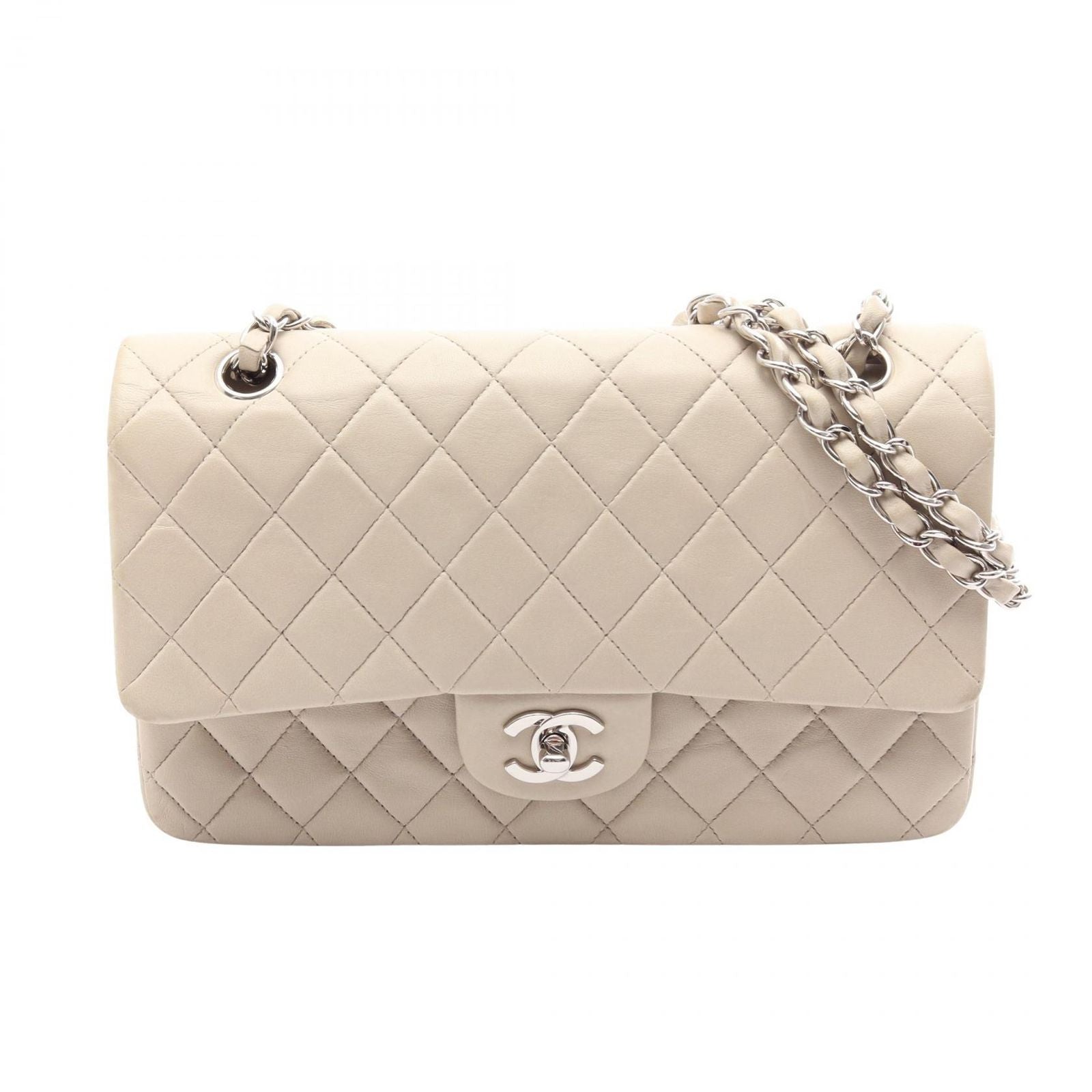 Chanel Shoulder Bag Quilted Double Flap Light Gray Lambskin Chain
