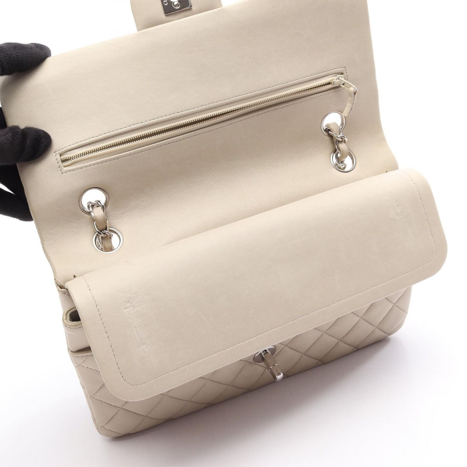 Chanel Shoulder Bag Quilted Double Flap Light Gray Lambskin Chain — view 7