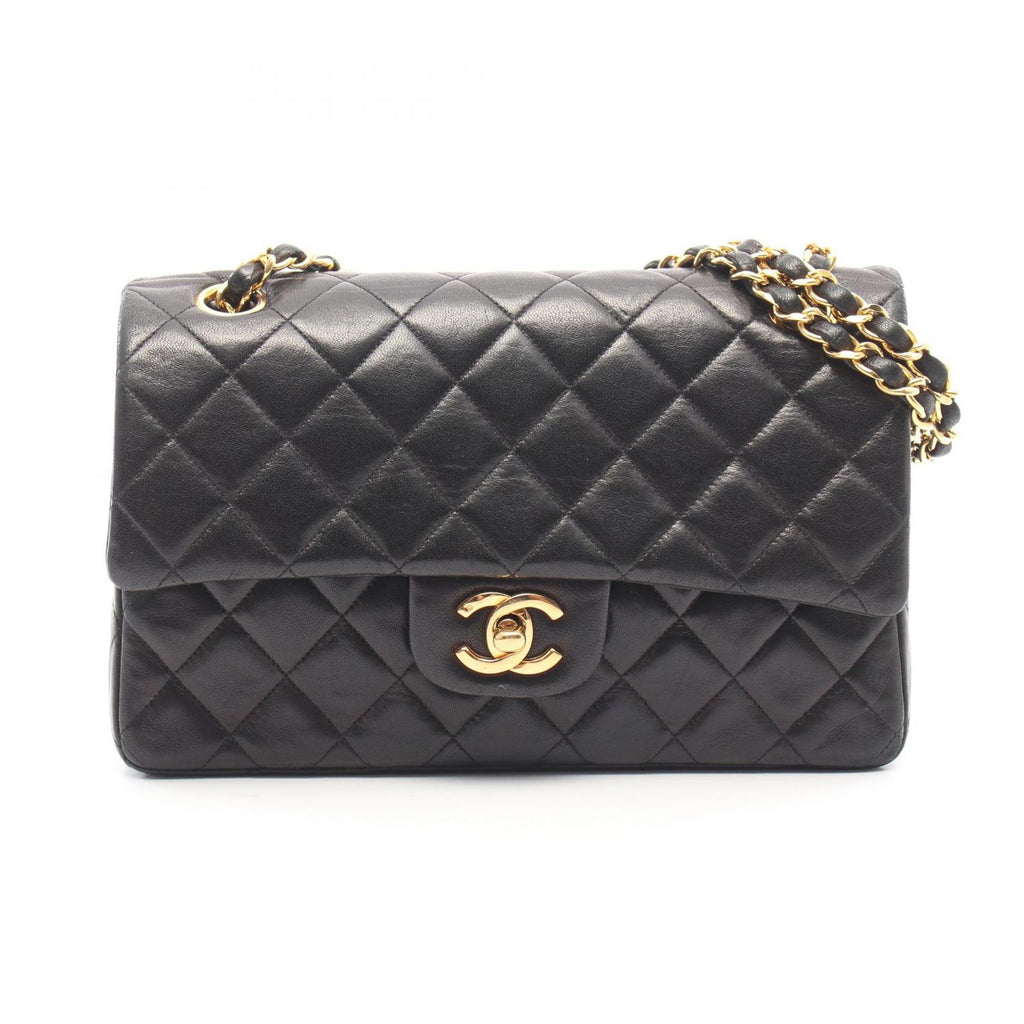 Chanel Shoulder Bag Quilted Double Flap Black Lambskin Chain