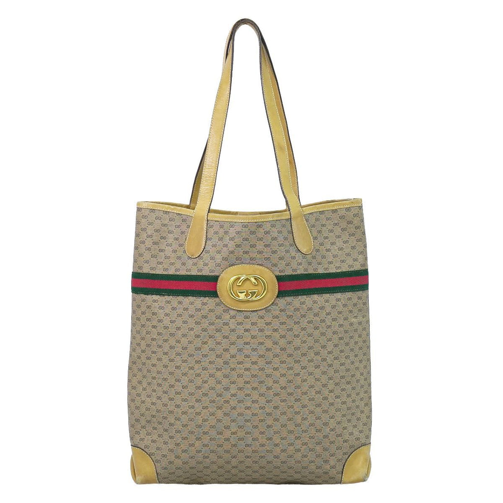 Gucci Vintage Sherry Line Interlocking Micro GG Shoulder Bag Tote Beige