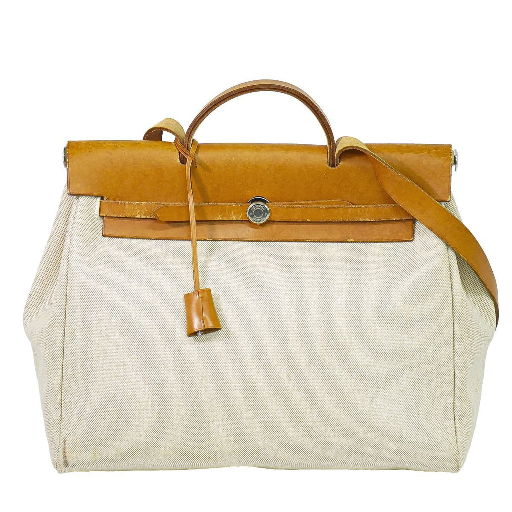 Hermes Herbag MM 2-Way Shoulder Bag Canvas Leather Beige
