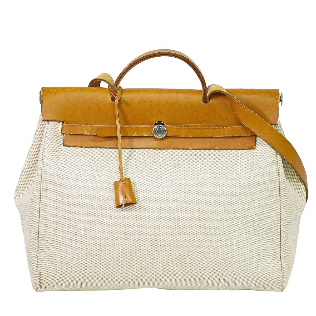 Hermes Herbag MM 2-Way Shoulder Bag Canvas Leather Beige