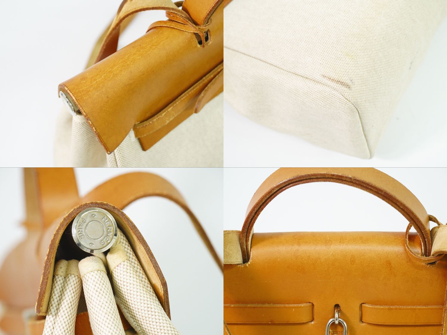Hermes Herbag MM 2-Way Shoulder Bag Canvas Leather Beige — view 7
