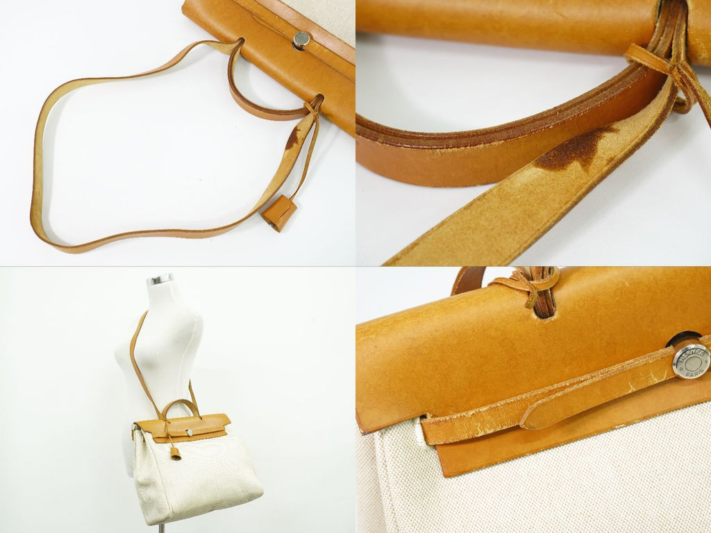 Hermes Herbag MM 2-Way Shoulder Bag Canvas Leather Beige — view 6