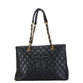 Chanel Quilted CC Logo Tote Shoulder Bag Black Caviar Leather