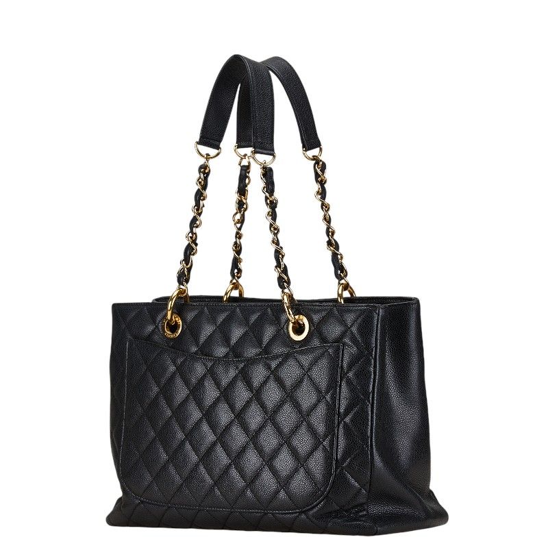 Chanel Quilted CC Logo Tote Shoulder Bag Black Caviar Leather