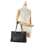 Chanel Quilted CC Logo Tote Shoulder Bag Black Caviar Leather