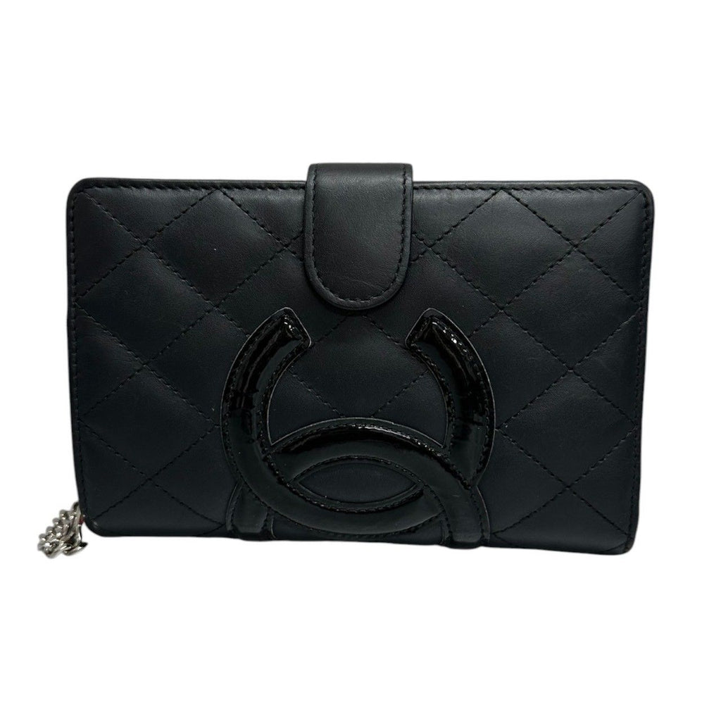 Chanel Cambon Line CC Logo Black Pink Silver Leather Bifold Wallet
