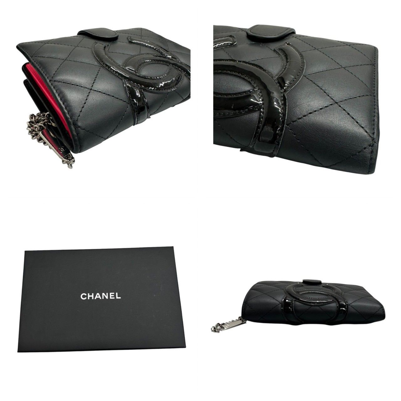 Chanel Cambon Line CC Logo Black Pink Silver Leather Bifold Wallet — view 8