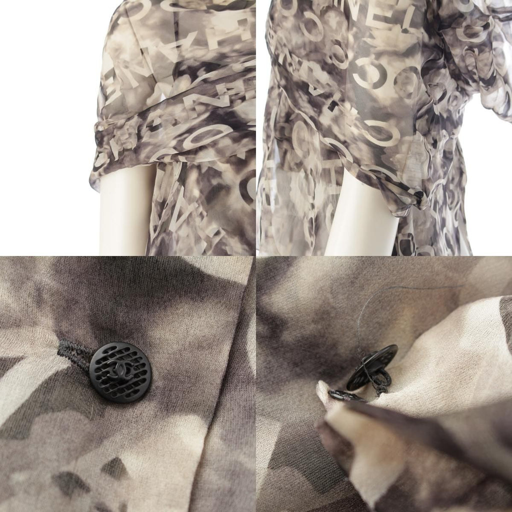 Chanel Coco Camellia Silk Ensemble Camisole Shawl Set Top Gray Black 38 — view 8