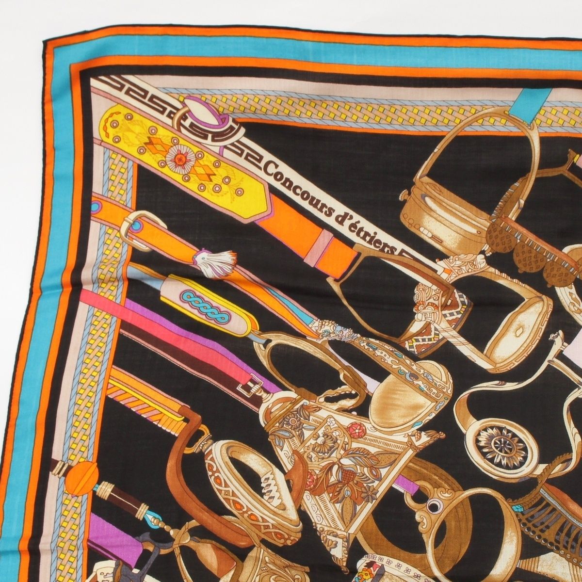 Hermes Carre Geant Cashmere Silk Concours D'etriers Shawl Black Scarf