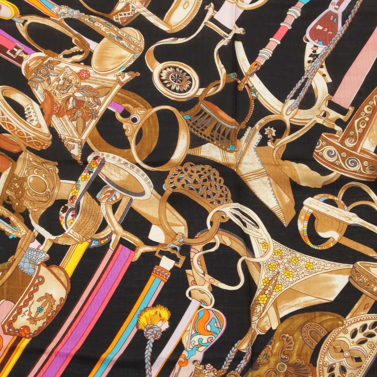 Hermes Carre Geant Cashmere Silk Concours D'etriers Shawl Black Scarf