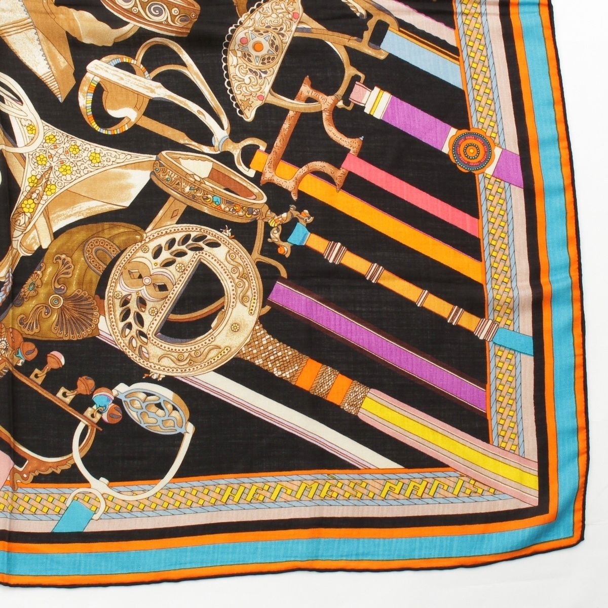 Hermes Carre Geant Cashmere Silk Concours D'etriers Shawl Black Scarf
