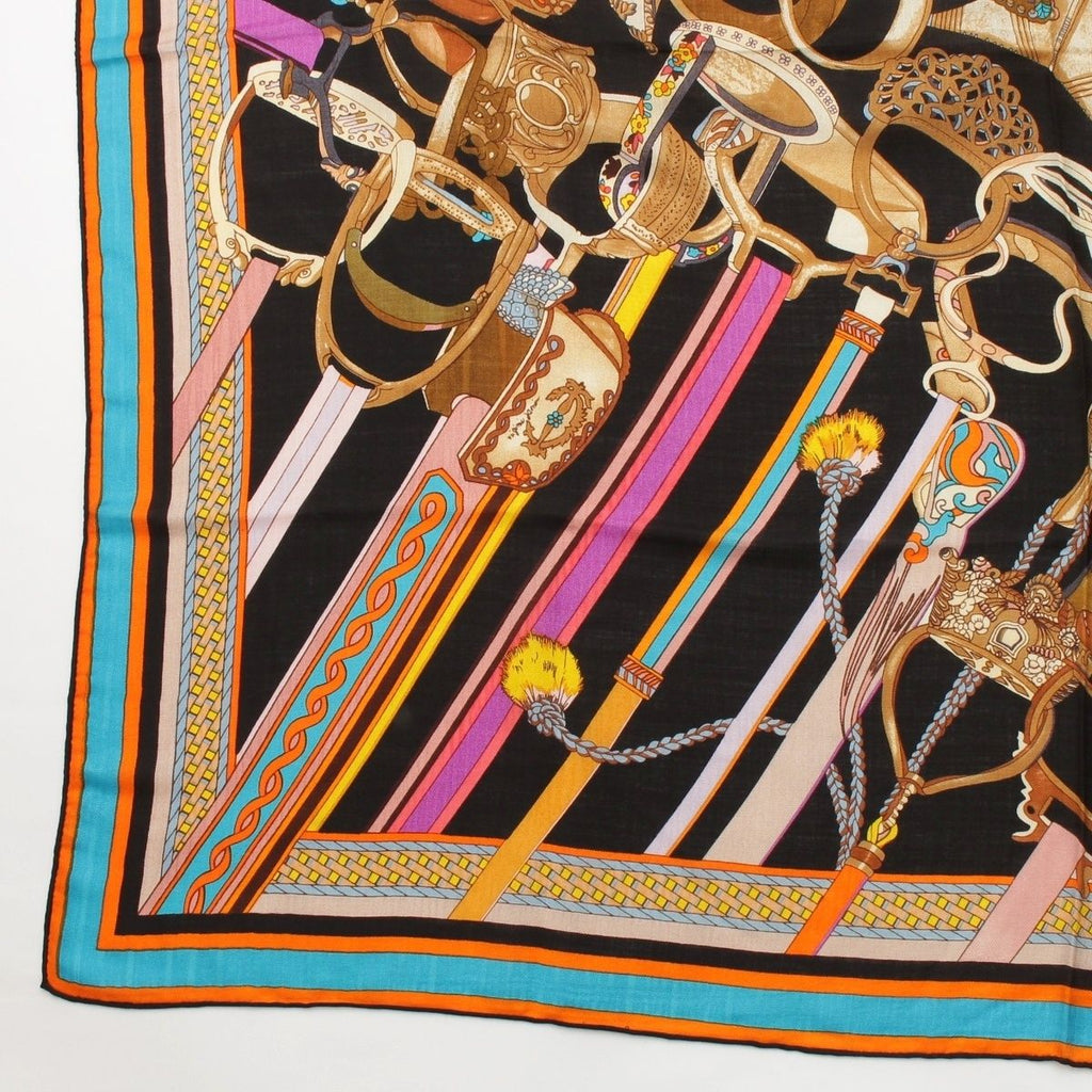 Hermes Carre Geant Cashmere Silk Concours D'etriers Shawl Black Scarf