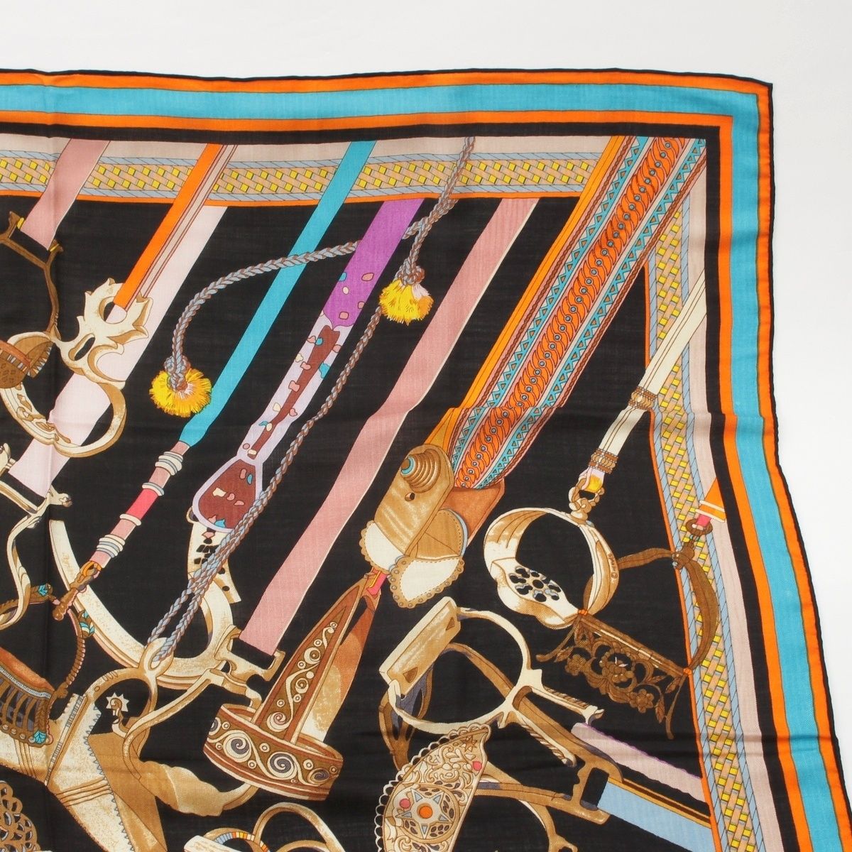 Hermes Carre Geant Cashmere Silk Concours D'etriers Shawl Black Scarf