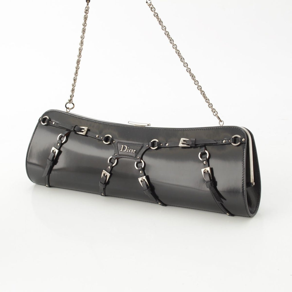 Dior Galiano Era Leather Bondage Chain Shoulder Bag Black