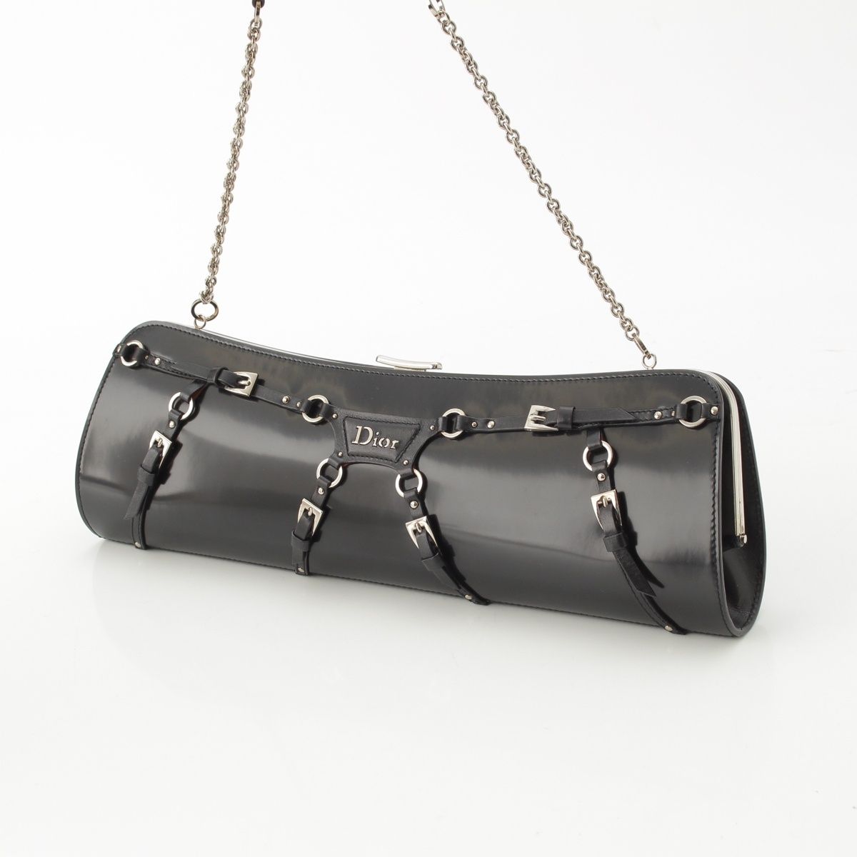 Dior Galiano Era Leather Bondage Chain Shoulder Bag Black