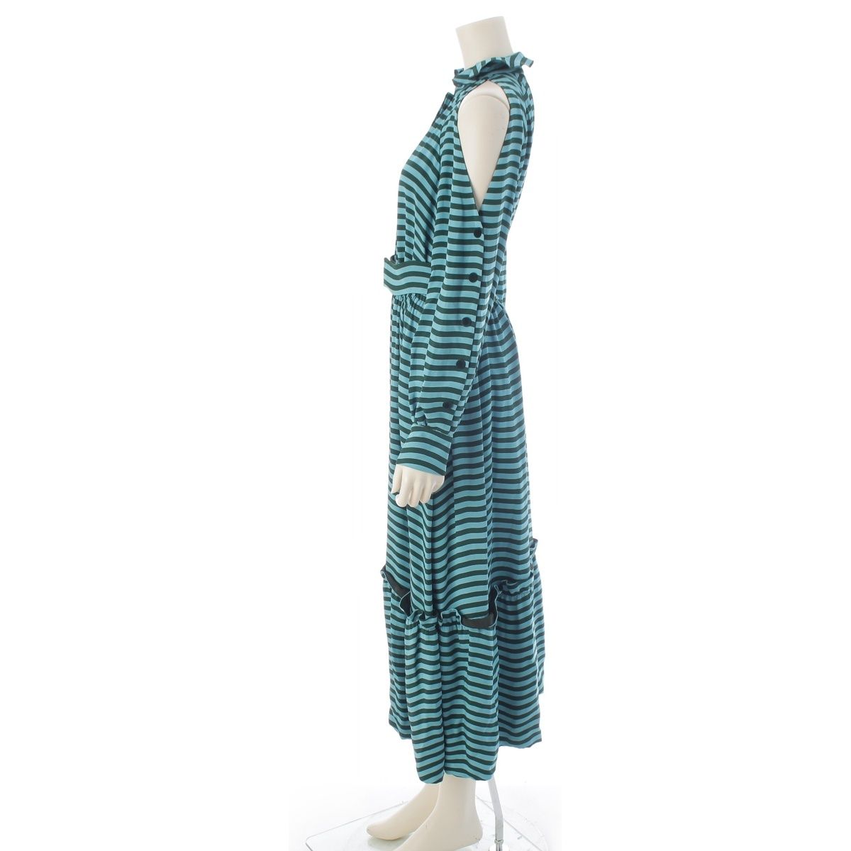 Fendi Silk Border Open Shoulder Long Sleeve Dress Blue Green 36 — view 3