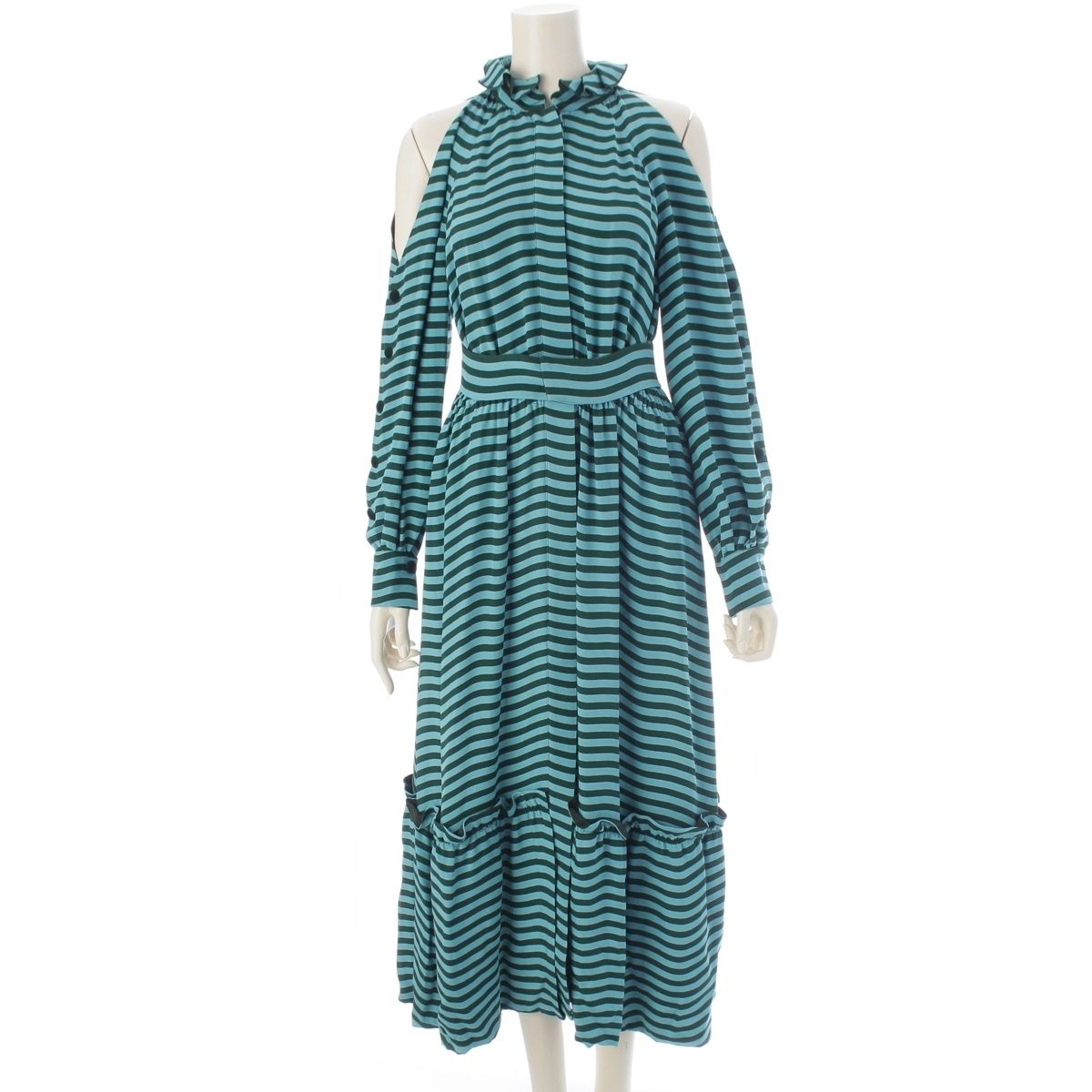 Fendi Silk Border Open Shoulder Long Sleeve Dress Blue Green 36