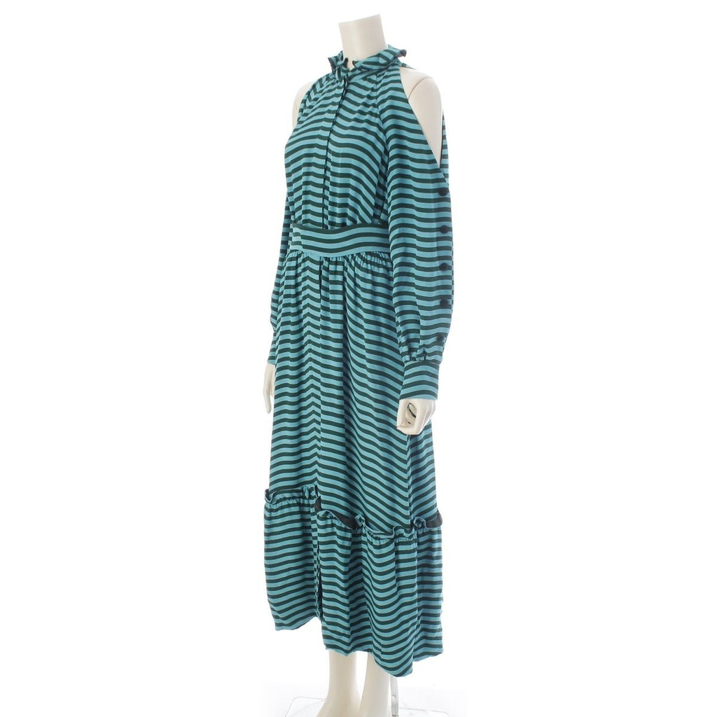 Fendi Silk Border Open Shoulder Long Sleeve Dress Blue Green 36 — view 2