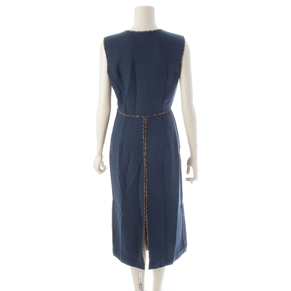 Fendi Wool Silk Zucca Pleated Contrast Sleeveless Dress Blue 38 — view 4