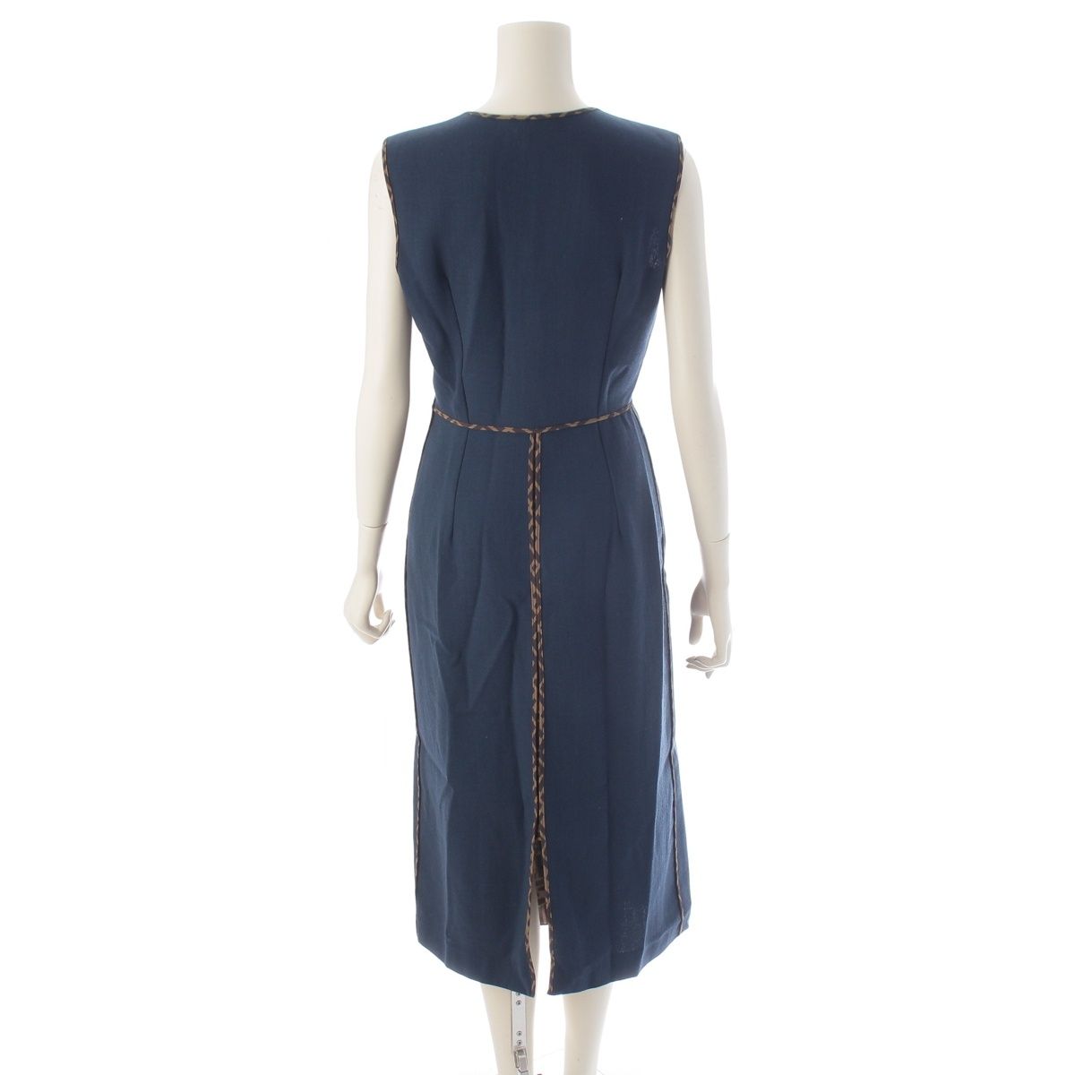 Fendi Wool Silk Zucca Pleated Contrast Sleeveless Dress Blue 38 — view 4