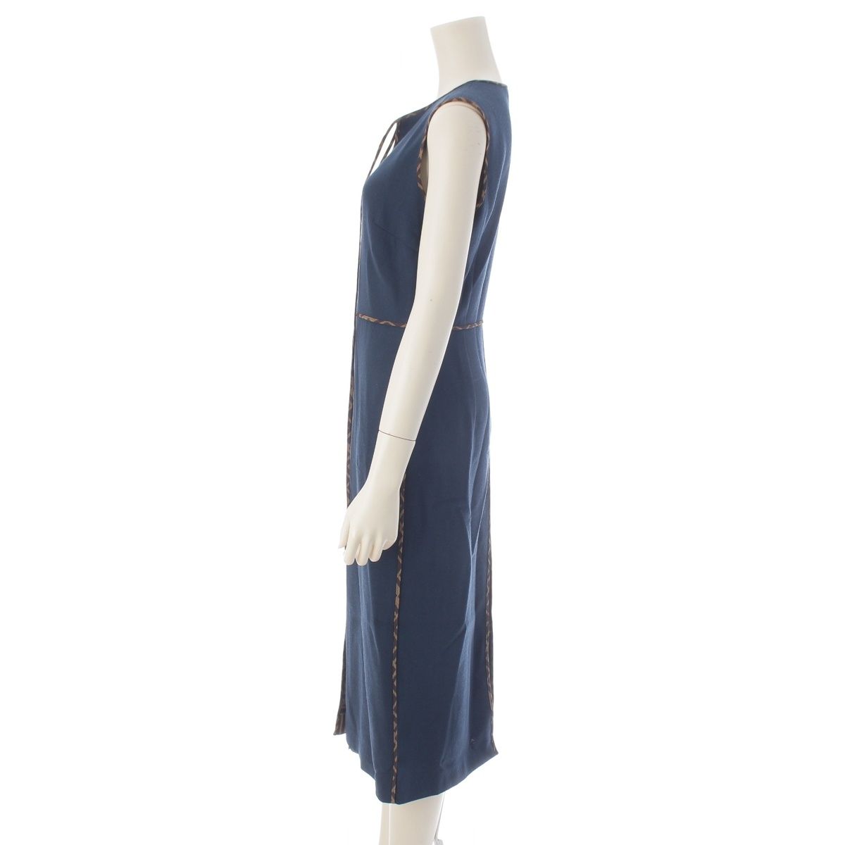 Fendi Wool Silk Zucca Pleated Contrast Sleeveless Dress Blue 38 — view 3