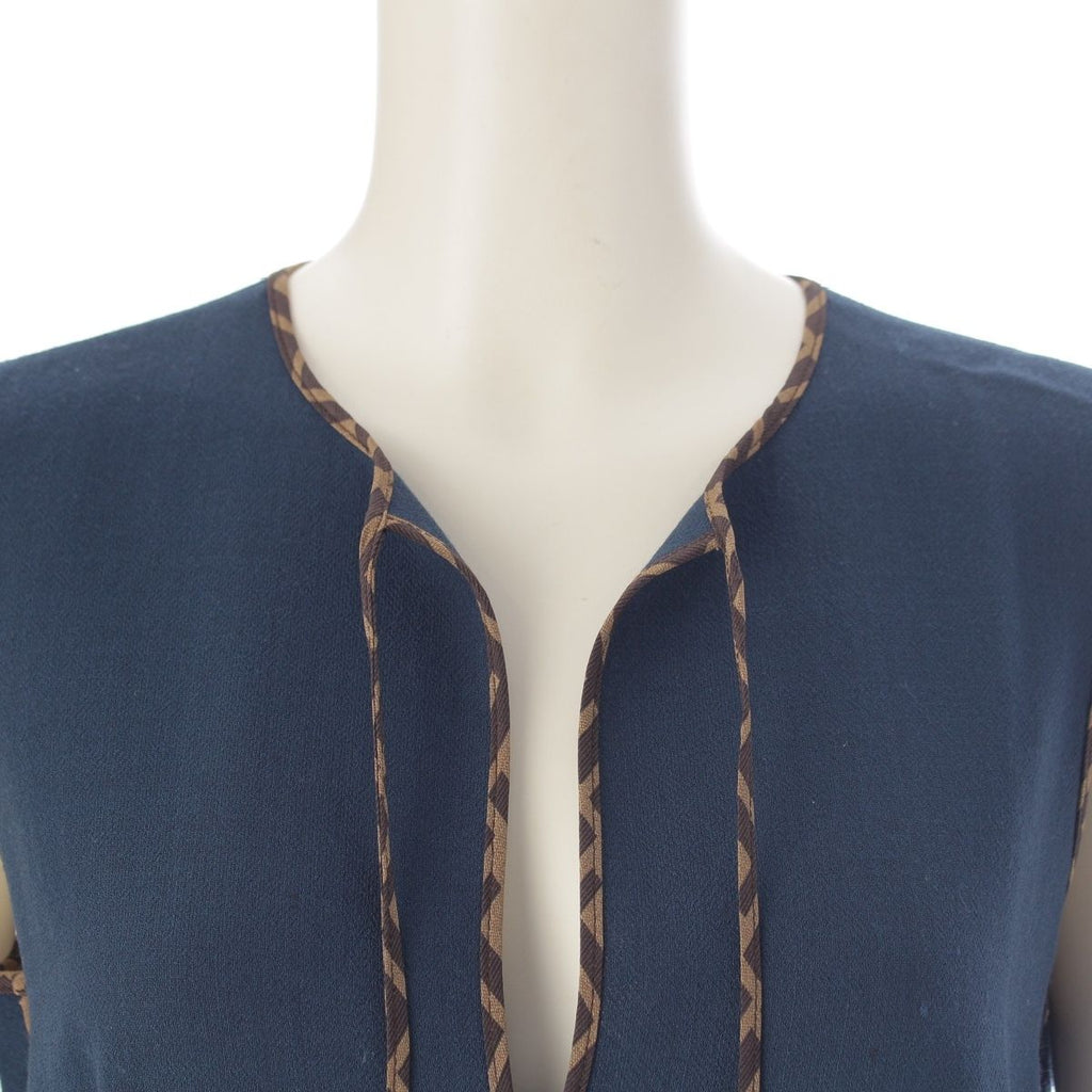 Fendi Wool Silk Zucca Pleated Contrast Sleeveless Dress Blue 38 — view 5