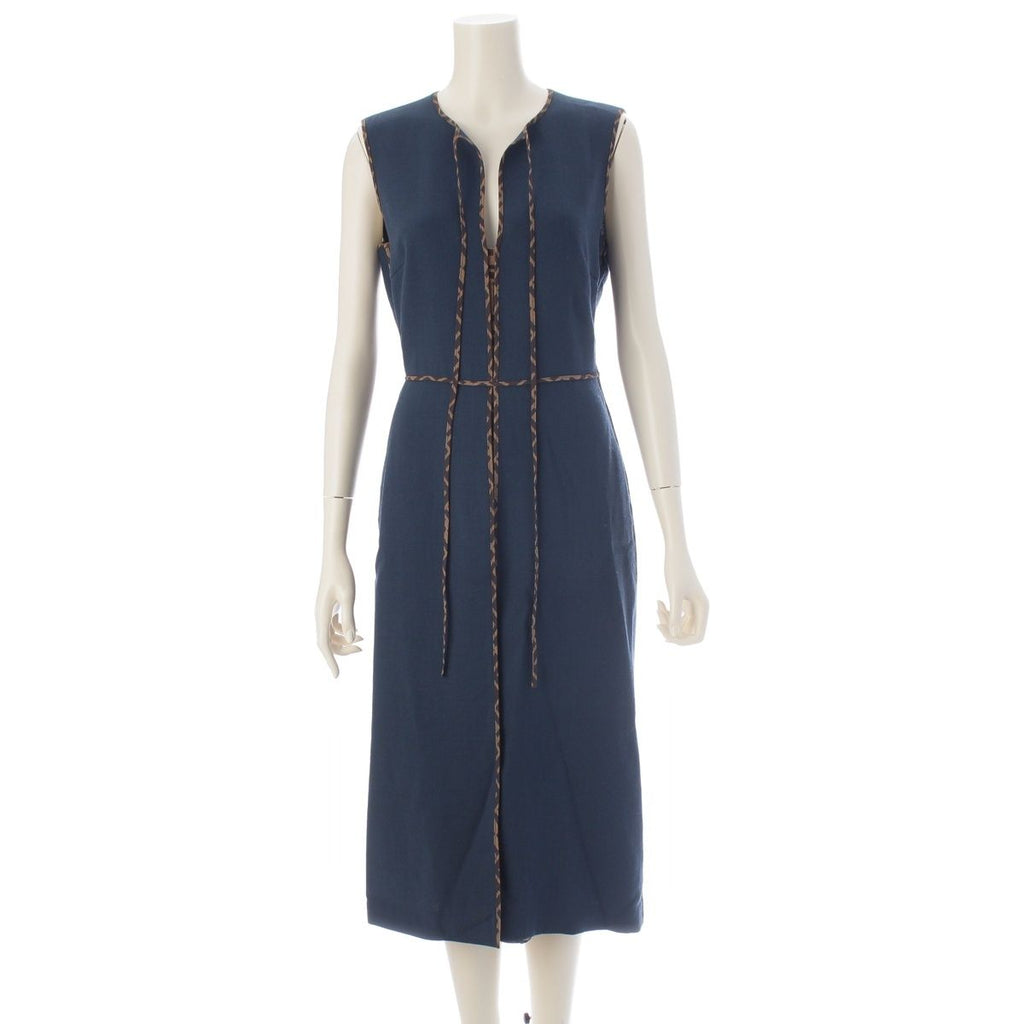 Fendi Wool Silk Zucca Pleated Contrast Sleeveless Dress Blue 38