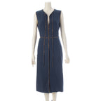 Fendi Wool Silk Zucca Pleated Contrast Sleeveless Dress Blue 38
