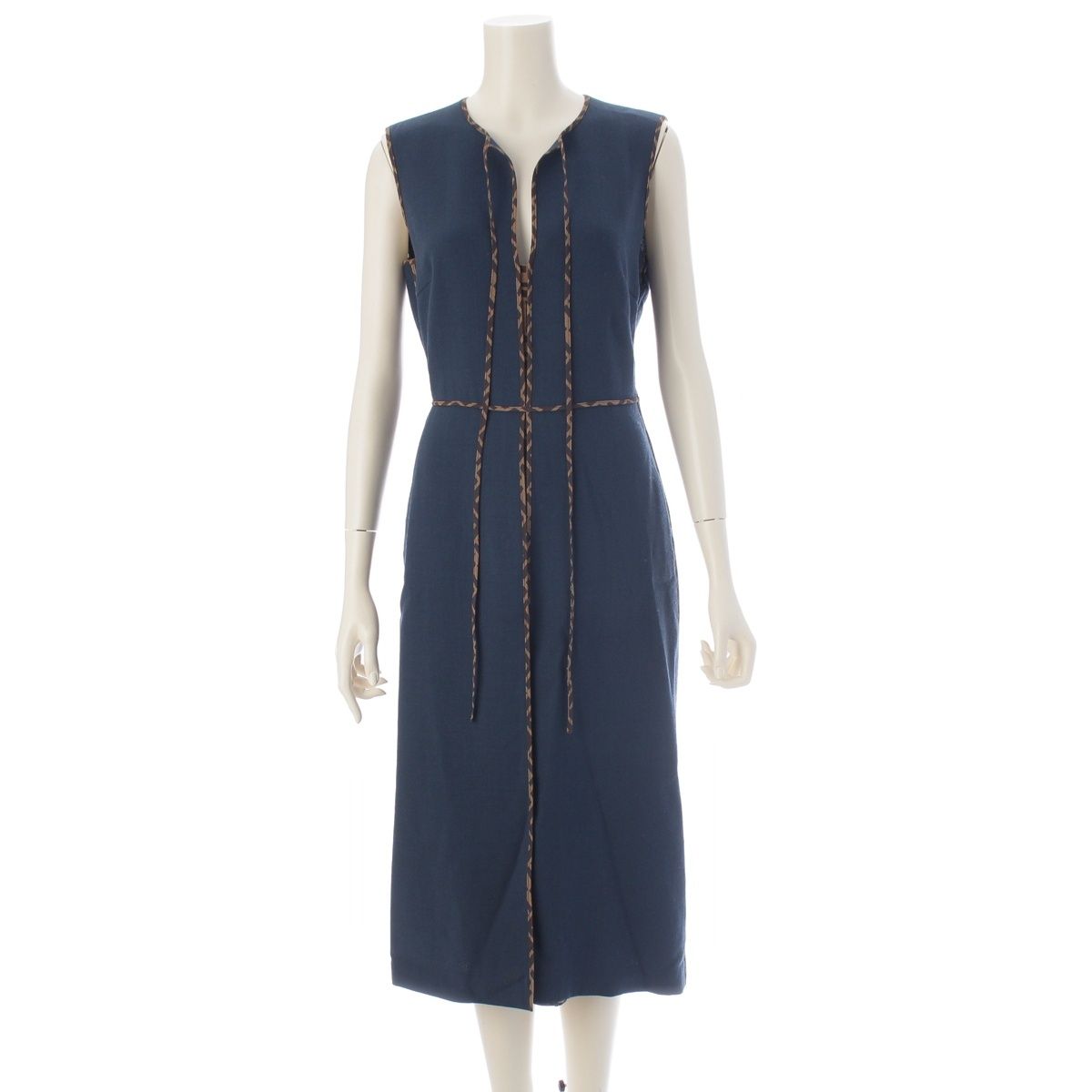 Fendi Wool Silk Zucca Pleated Contrast Sleeveless Dress Blue 38