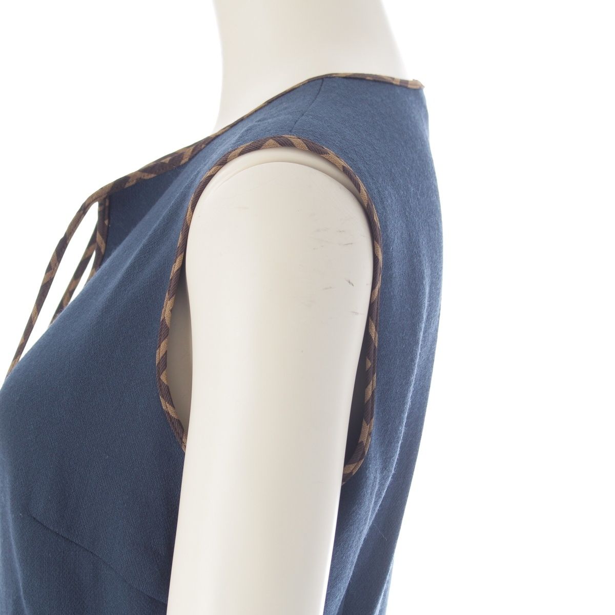 Fendi Wool Silk Zucca Pleated Contrast Sleeveless Dress Blue 38 — view 7
