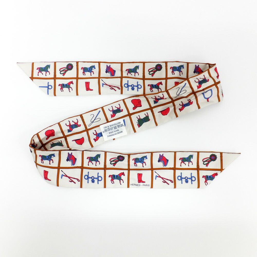 Hermes Ten Twilly Horse Tackle Couvertureset Tenues de Jour Off White Silk Scarf — view 5