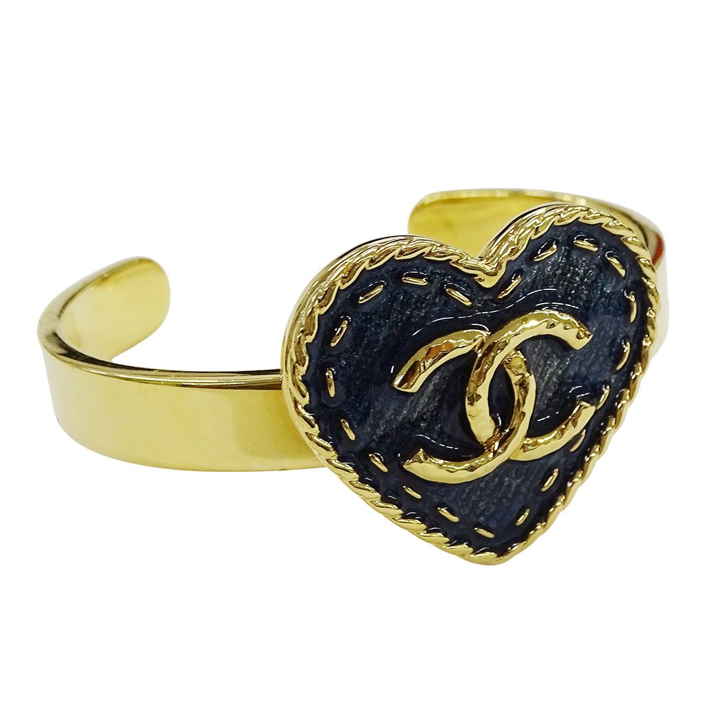 Chanel Bangle Bracelet CC Logo Heart Denim Style Gold Plated Blue — view 2