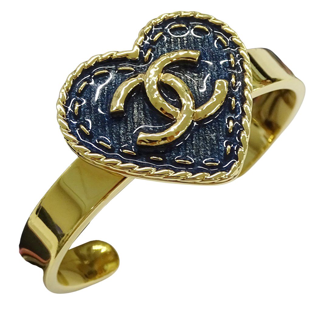 Chanel Bangle Bracelet CC Logo Heart Denim Style Gold Plated Blue — view 4