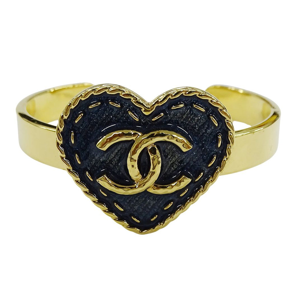 Chanel Bangle Bracelet CC Logo Heart Denim Style Gold Plated Blue