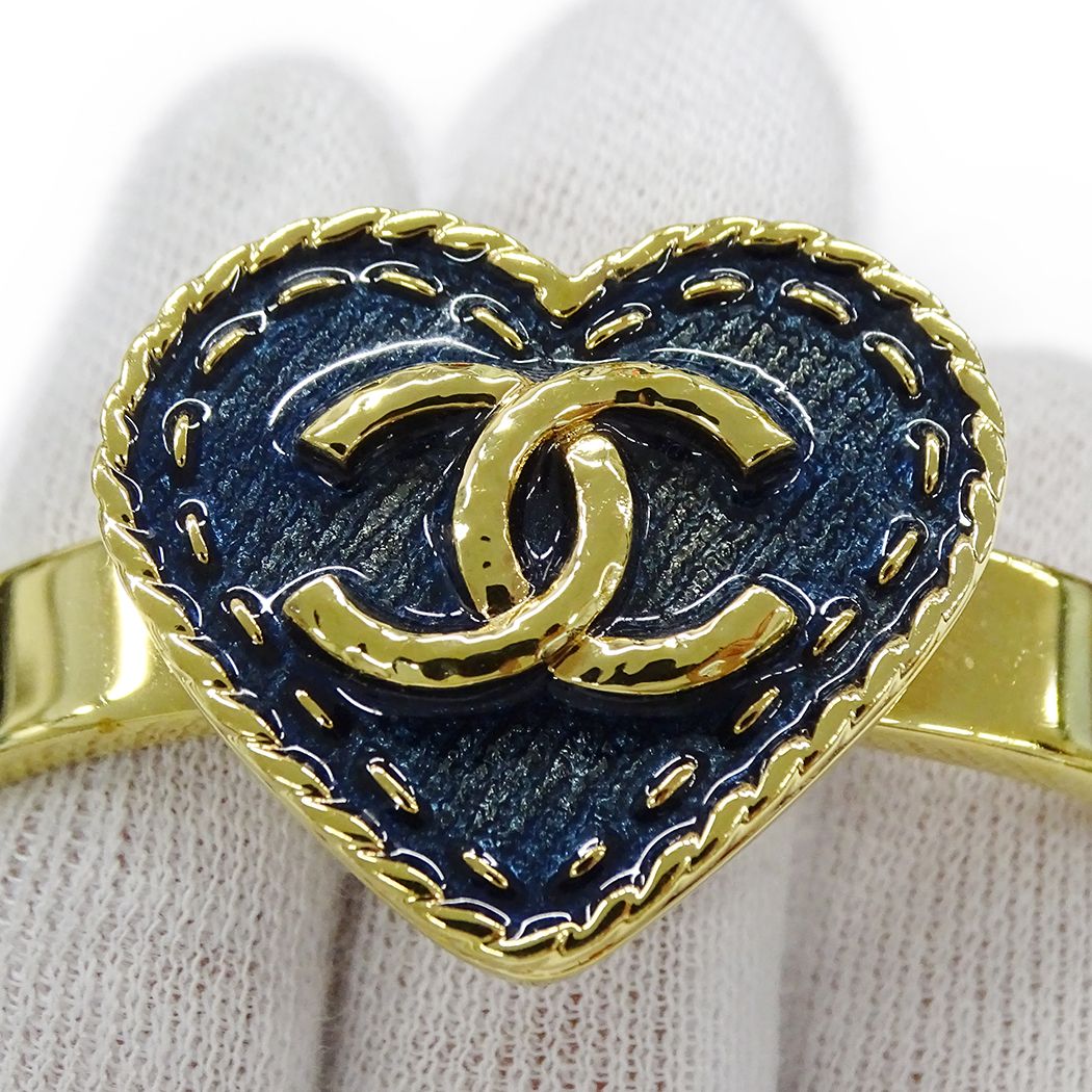 Chanel Bangle Bracelet CC Logo Heart Denim Style Gold Plated Blue — view 9