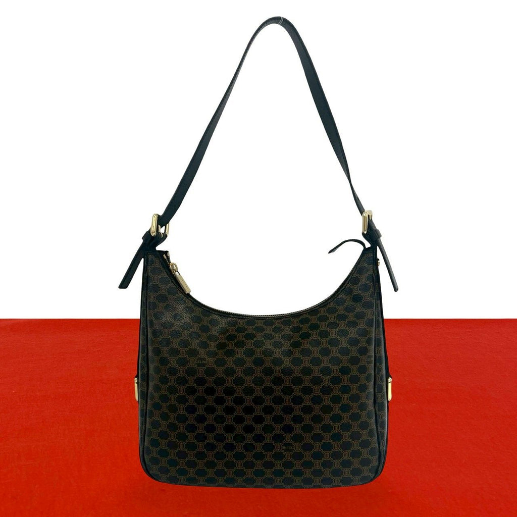 Celine Macadam Blason Triomphe Logo Pattern Leather Shoulder Bag Tote Black