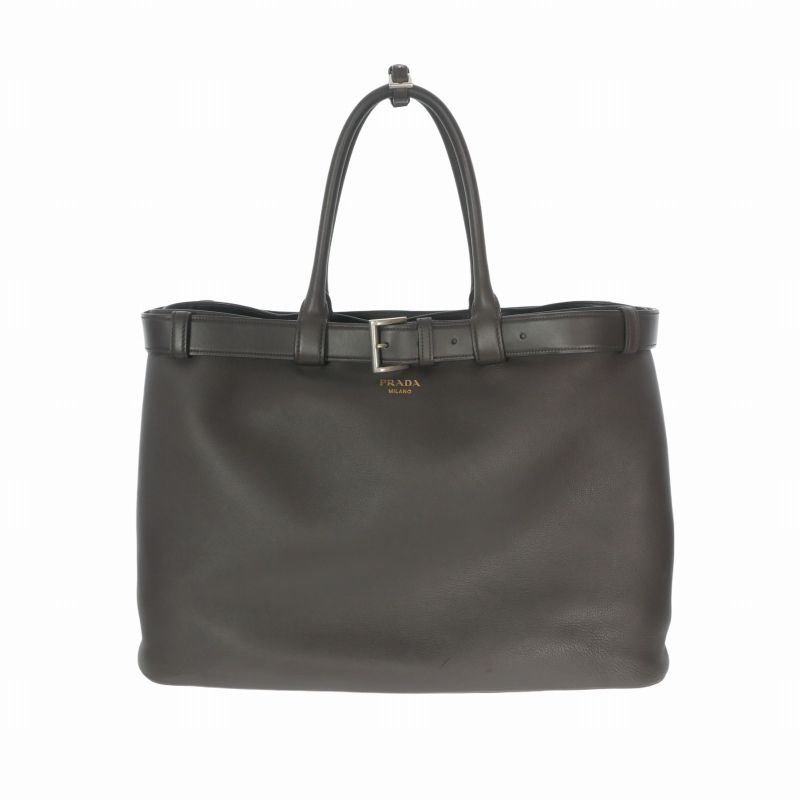Prada Belt Buckle Leather Tote Dark Brown