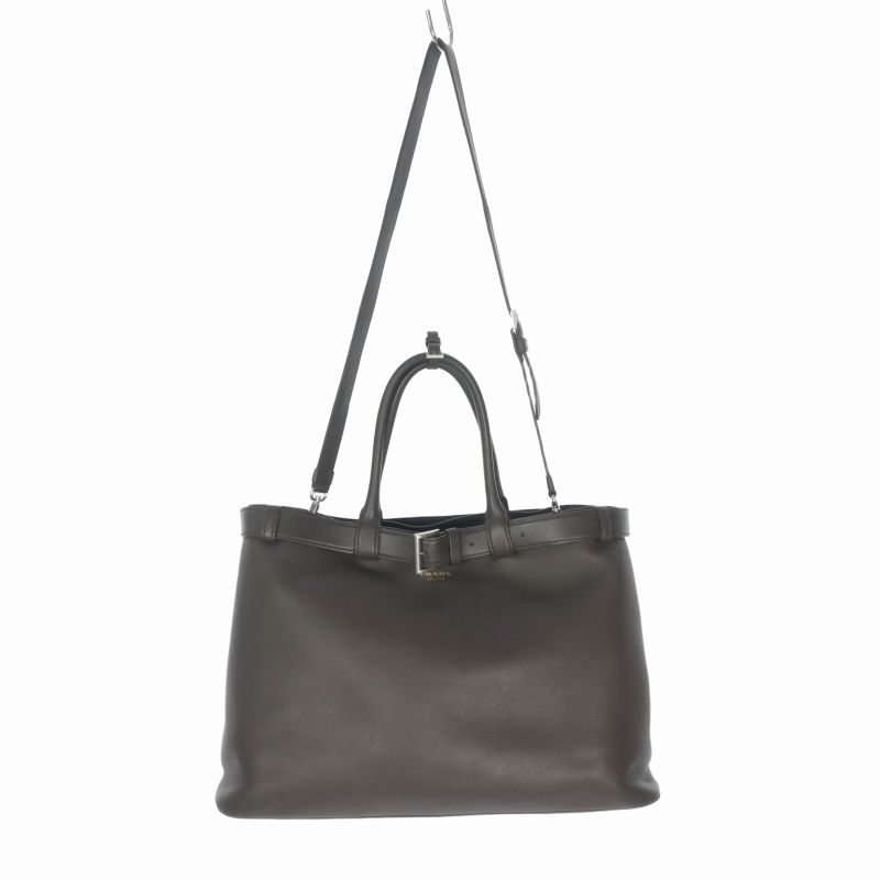 Prada Belt Buckle Leather Tote Dark Brown — view 5