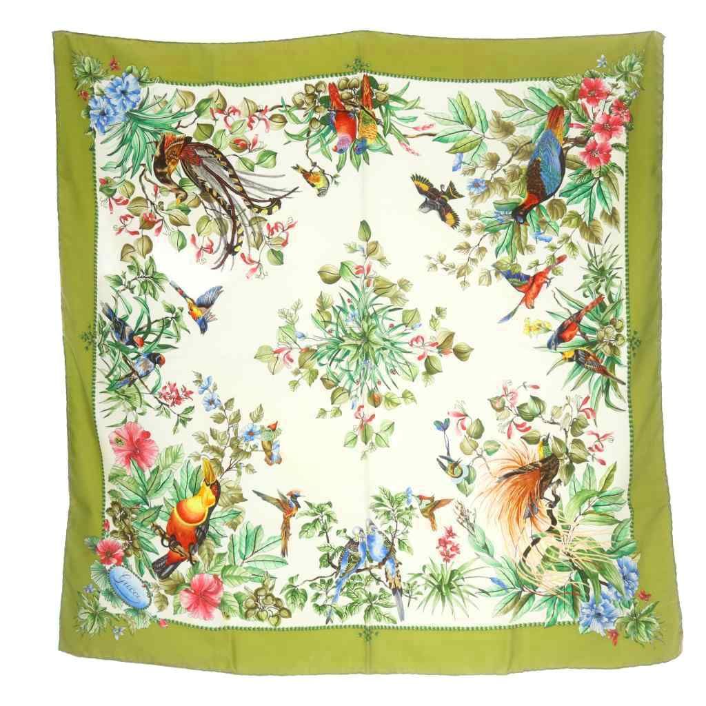 Gucci Scarf Bird All Over Pattern Flower Green White