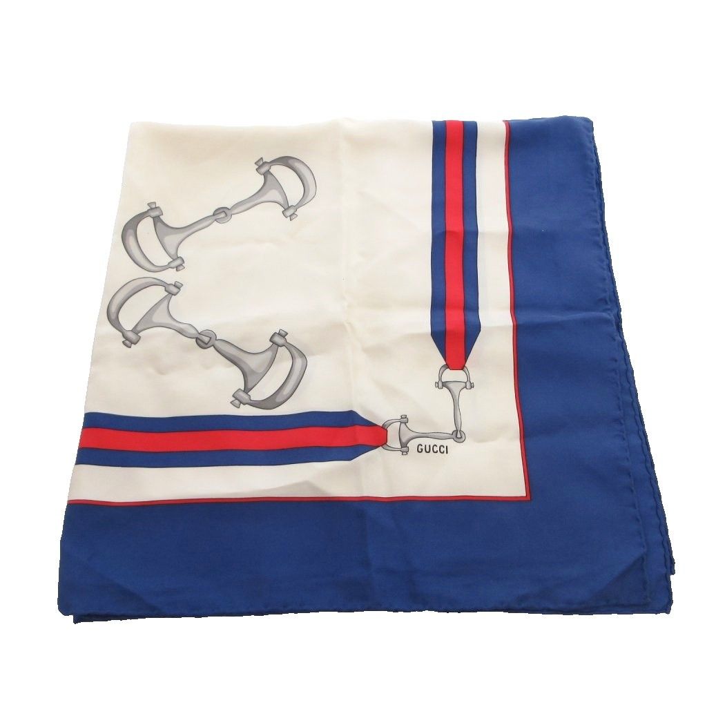 Gucci Scarf All Over Pattern Horsebit Silk Blue